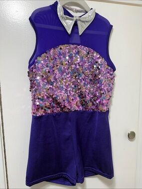 Girls Purple Sequin Fringe Dance Outfit with Silver Collar